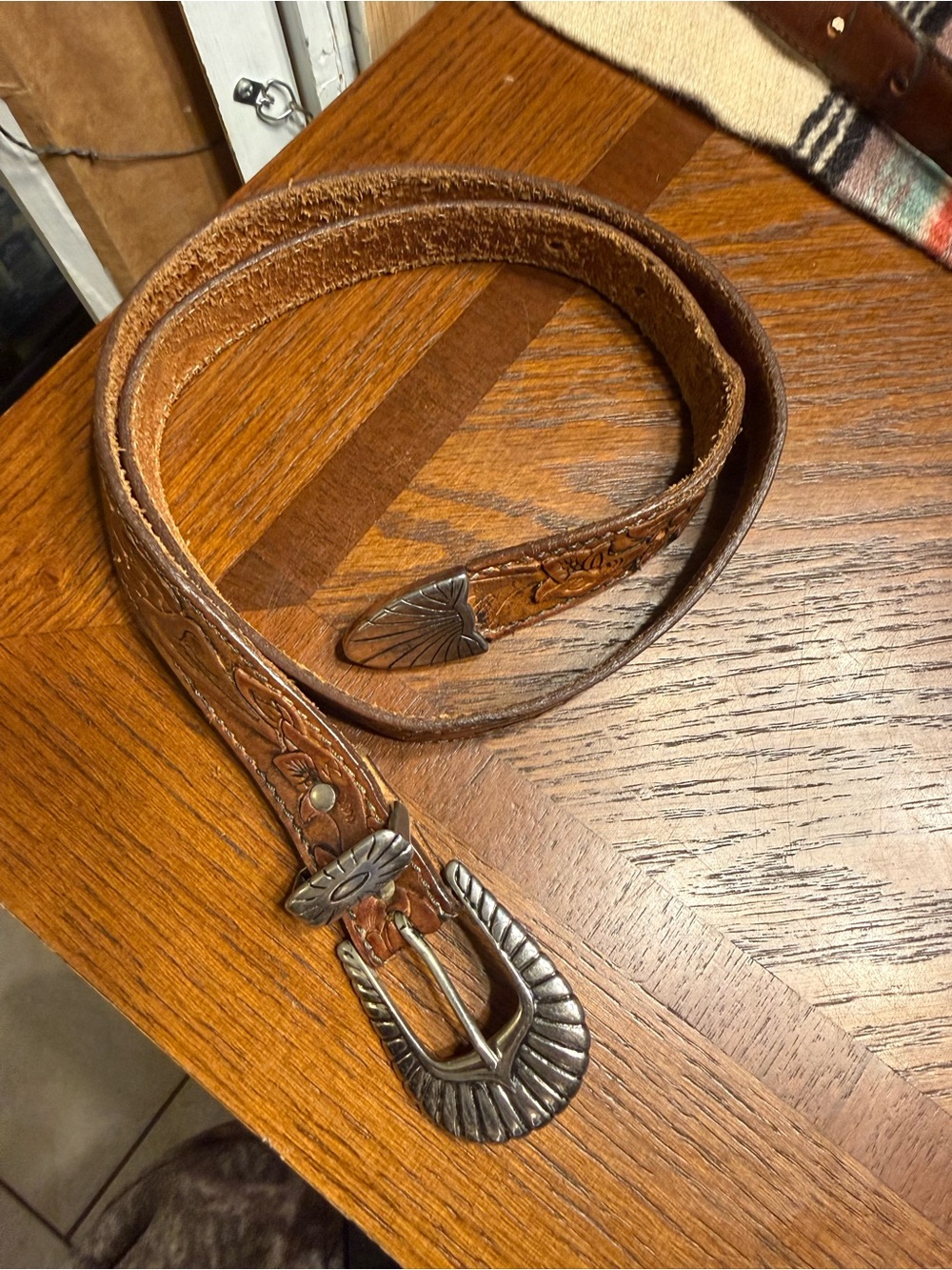 Genuine Leather Brown Tooled Leather Belt with Decorative Silver Buckle